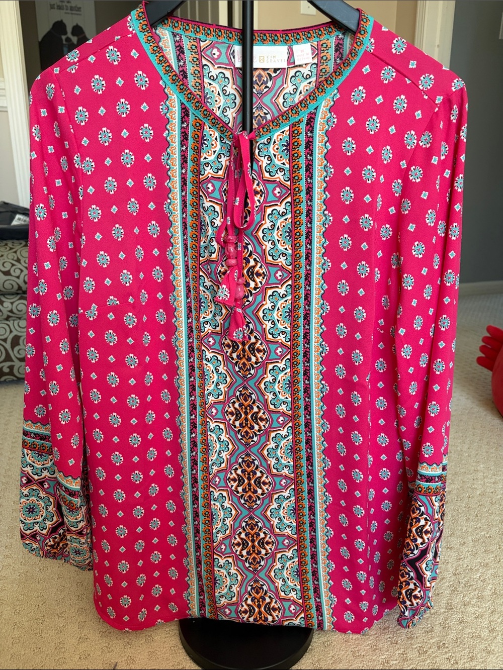 Belle by Kim Gravel Fuchsia Printed Peasant Blouse with Multicolor Trim